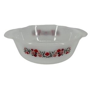 Vintage Fire King 1 Quart Casserole Dish Primrose Pink Red Floral Milk Glass